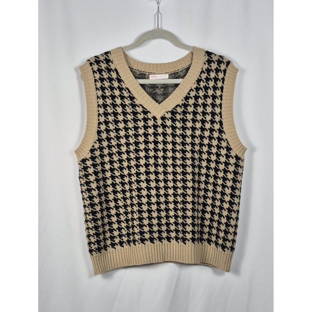 Women's Size S Tan & Black Houndstooth Oversized V Neck Sweater Vest Old Money